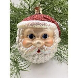 Old World Christmas Santa Face Glass Ornament Glitter Hat 4.5" OWC‎ Charm